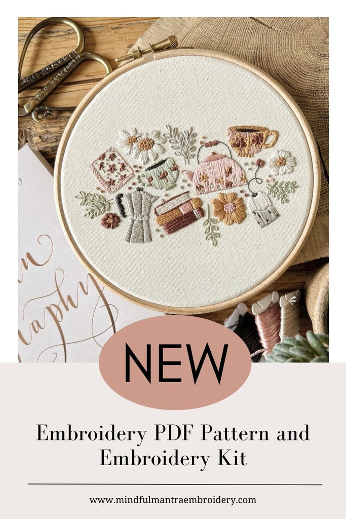 New Embroidery PDF Pattern and Kit: Tea, Coffee, Books and Flowers