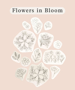 Flowers in Bloom illustration featuring various floral designs on a pastel background.