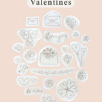 Valentines themed stick and stitch embroidery patterns, featuring flowers, hearts, and envelopes.
