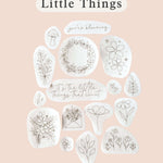 Artistic embroidery designs featuring flowers and quotes, showcasing creativity with the theme 'Little Things'.