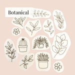 Botanical design featuring various hand-drawn plant illustrations and leaves on a light background.