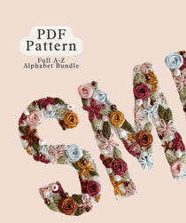 Beaded Alphabet Embroidery Pattern (A-Z) displayed in a floral design, PDF Pattern for embroidery projects.