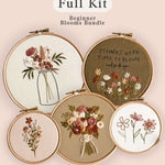 Beginner Embroidery Kit featuring floral designs in frames from the Beginner Blooms Embroidery Kit Bundle.