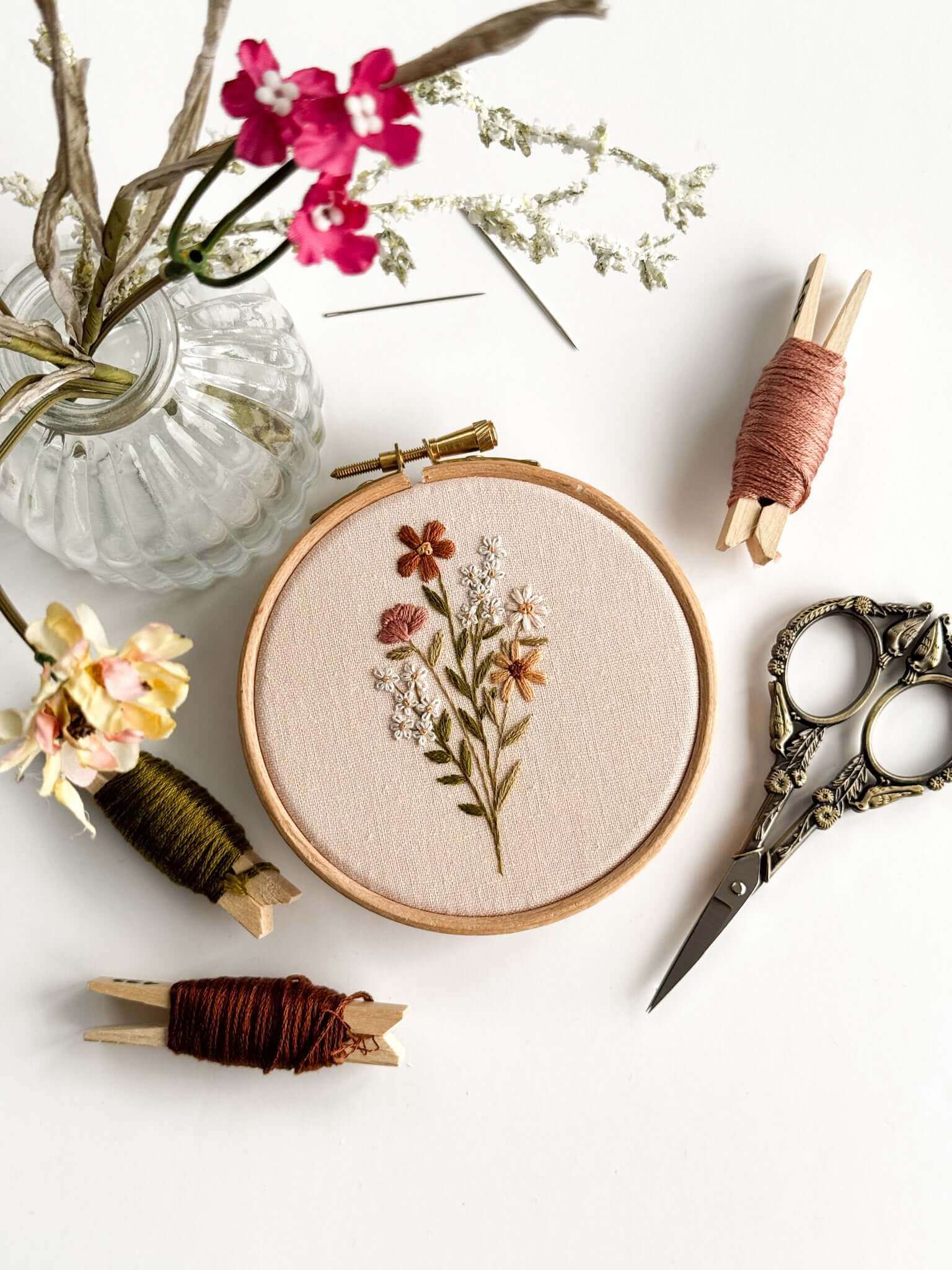 Beginner Embroidery Kit with floral design, scissors, threads, and a vase of flowers for beginners in embroidery.