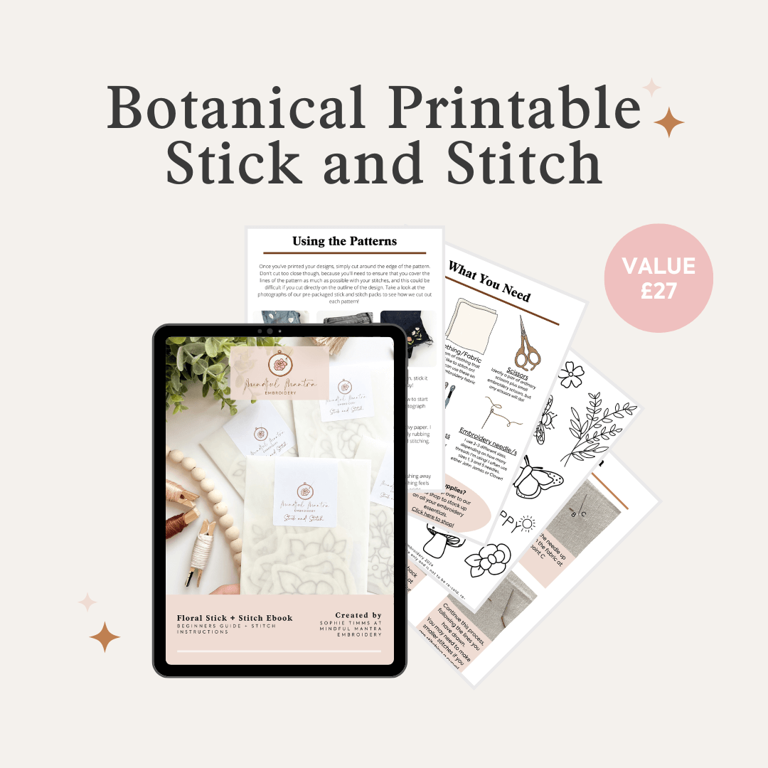 Botanical Printable Stick and Stitch kit including pattern instructions and value information.