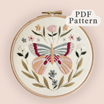 PDF butterfly embroidery pattern featuring botanicals, florals and a large patterned butterfly