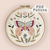 PDF butterfly embroidery pattern featuring botanicals, florals and a large patterned butterfly