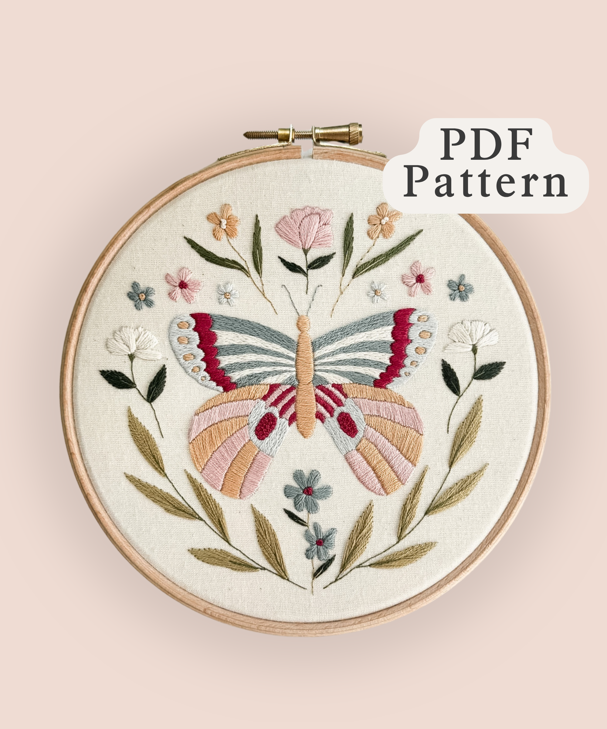 PDF butterfly embroidery pattern featuring botanicals, florals and a large patterned butterfly