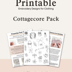 Printable Clothes Embroidery Kit showing designs and instructions for a Cottagecore Embroidery Pack.