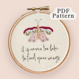 PDF Butterfly embroidery pattern featuring a pastel butterfly and motivational quote
