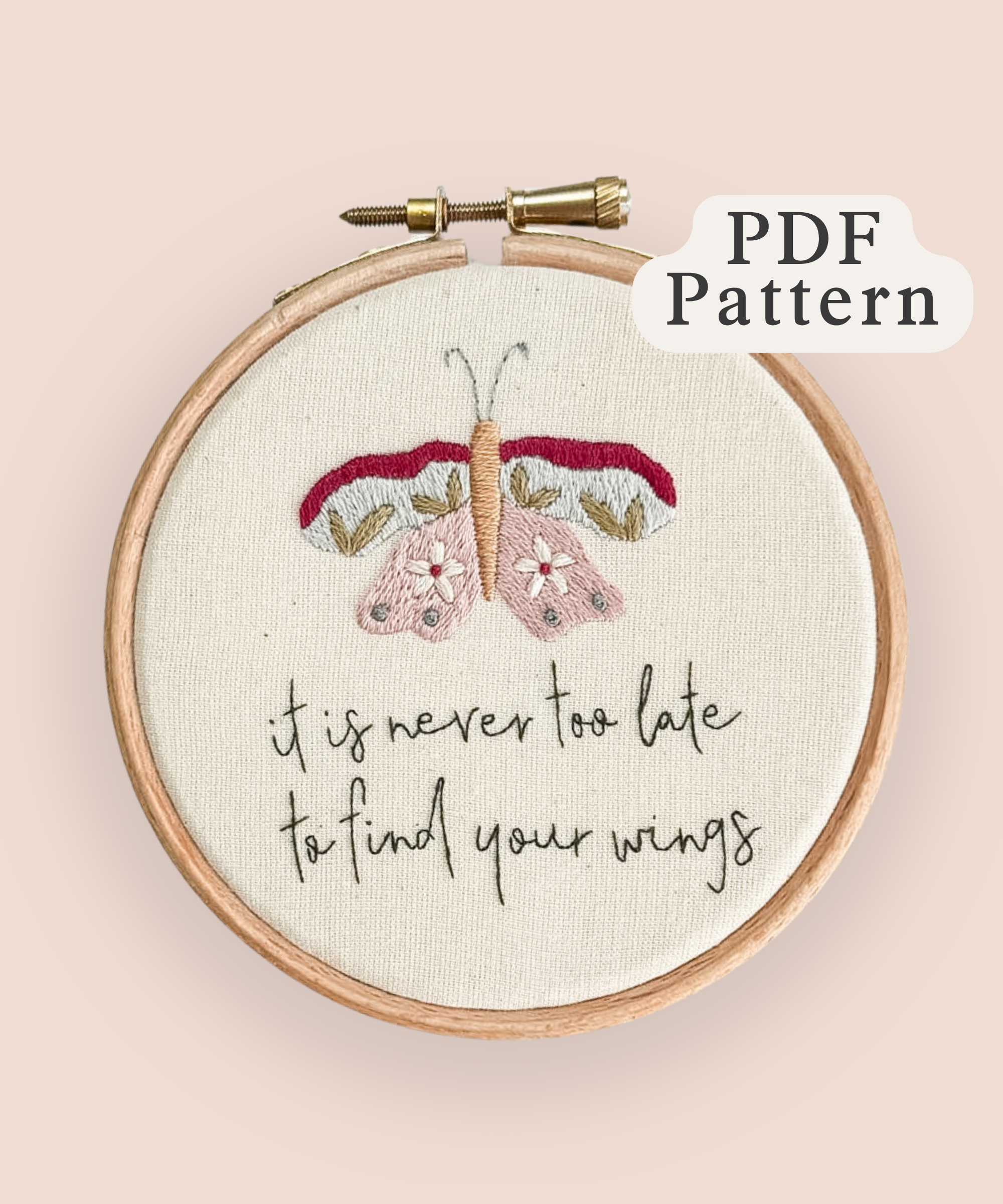 PDF Butterfly embroidery pattern featuring a pastel butterfly and motivational quote