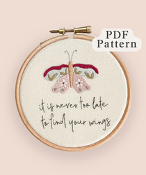 PDF Butterfly embroidery pattern featuring a pastel butterfly and motivational quote