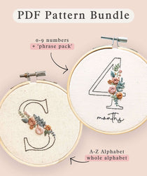 The embroidery pattern bundle available as a PDF download, featuring floral letters and numbers