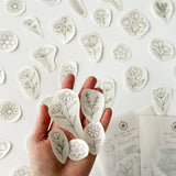 Outstretched hand holding a range of beautiful floral embroidery patterns