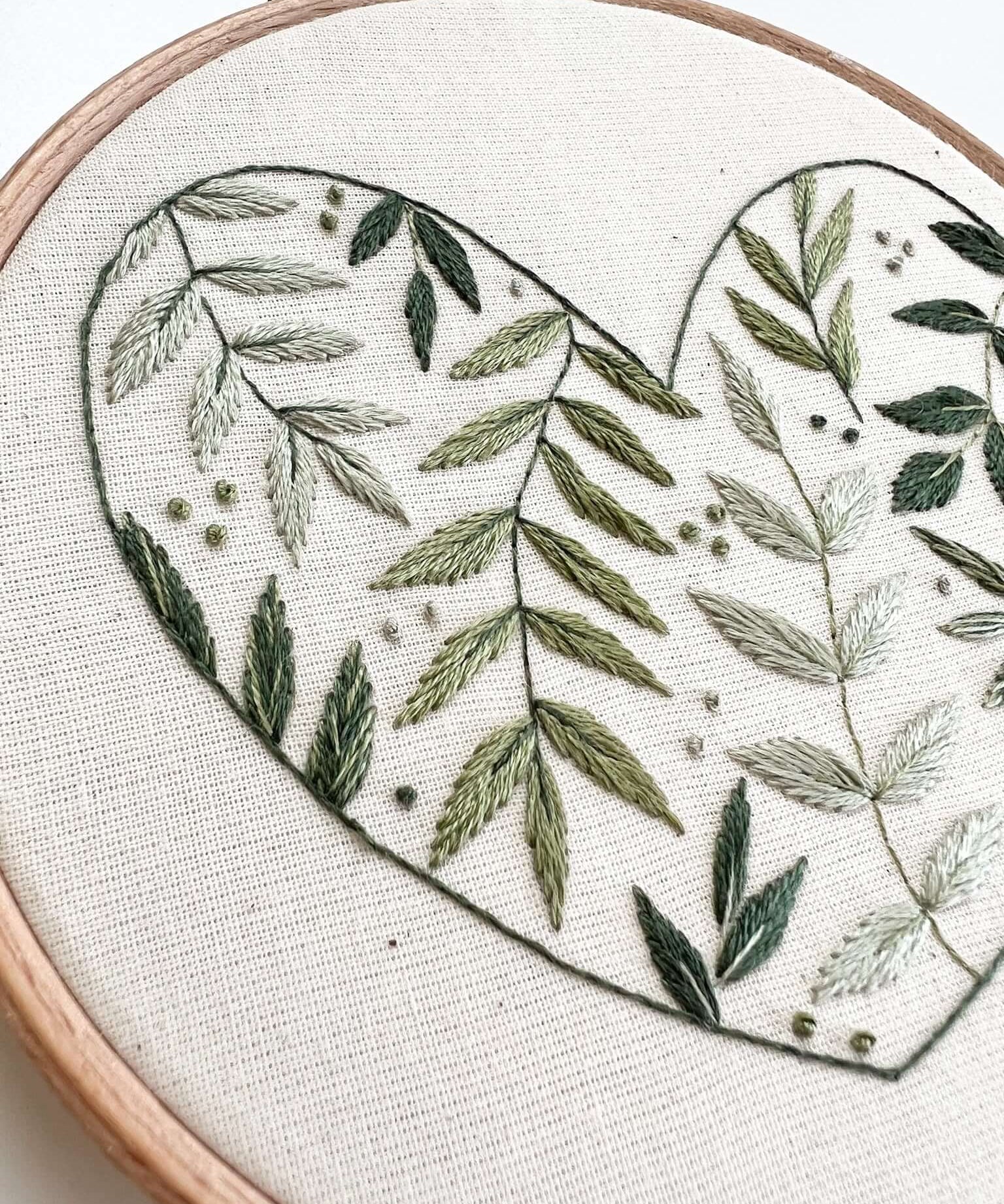 A closeup of the stitches used in the Botanical Heart Embroidery Pattern