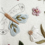 Embroidered butterfly and floral patterns on fabric
