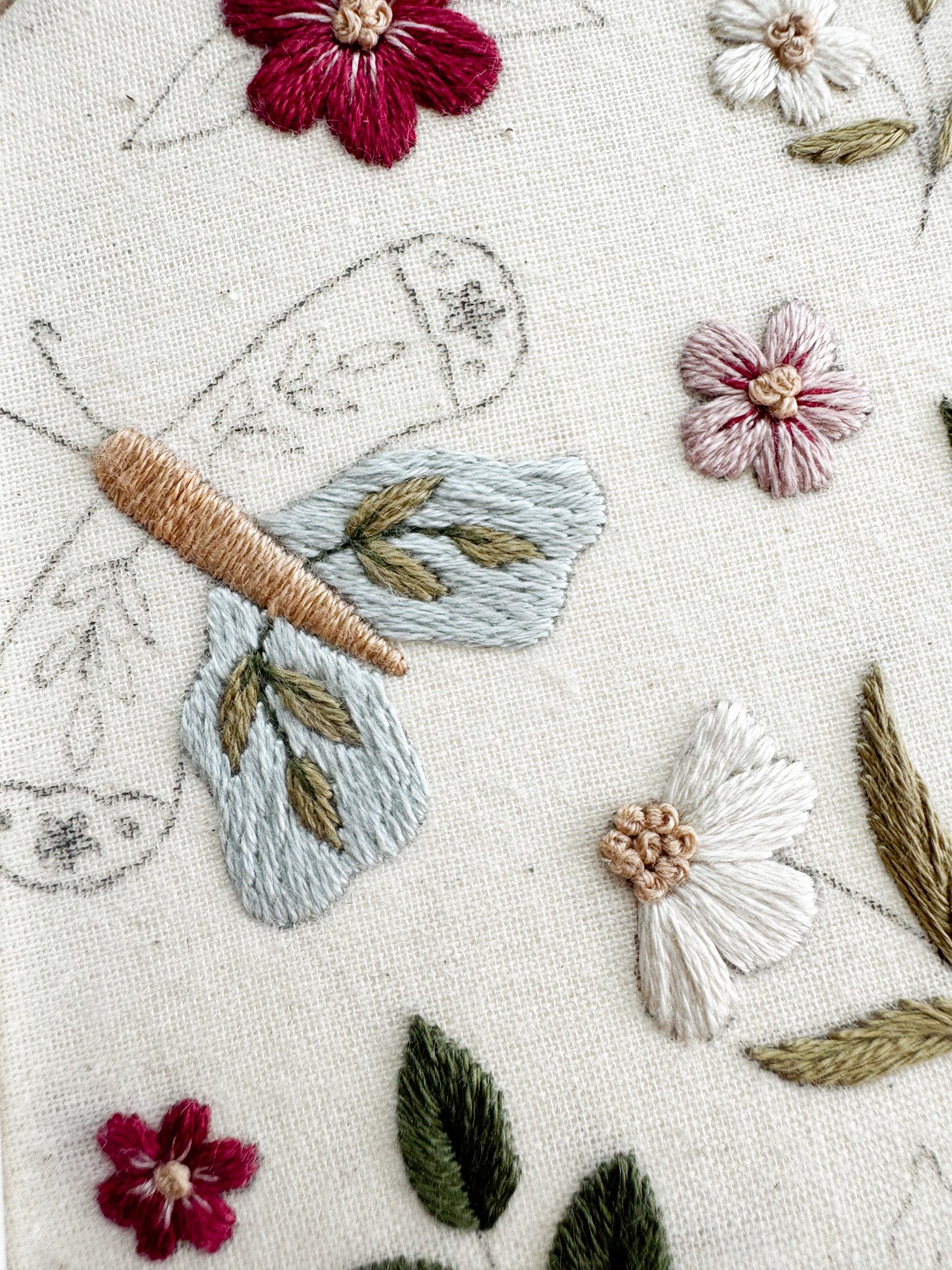 Embroidered butterfly and floral patterns on fabric
