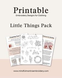 Printable Stick and Stitch Embroidery Pattern featuring floral designs, botanicals and intricate quote designs for clothing and textiles.