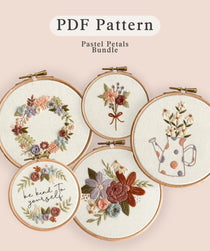 Pastel Petals Embroidery Pattern Bundle featuring floral designs in embroidery hoops.
