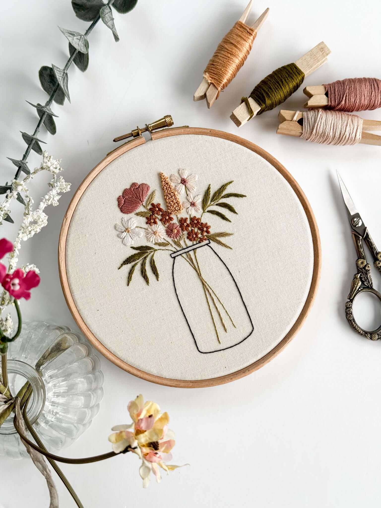 The vibrant vase embroidery pattern surrounded by scissors, threads and flowers