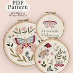 Wildflower Wings Butterfly Embroidery Pattern Bundle featuring three delicate butterfly designs in embroidery hoops.