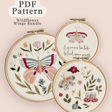 Wildflower Wings Butterfly Embroidery Pattern Bundle featuring three delicate butterfly designs in embroidery hoops.
