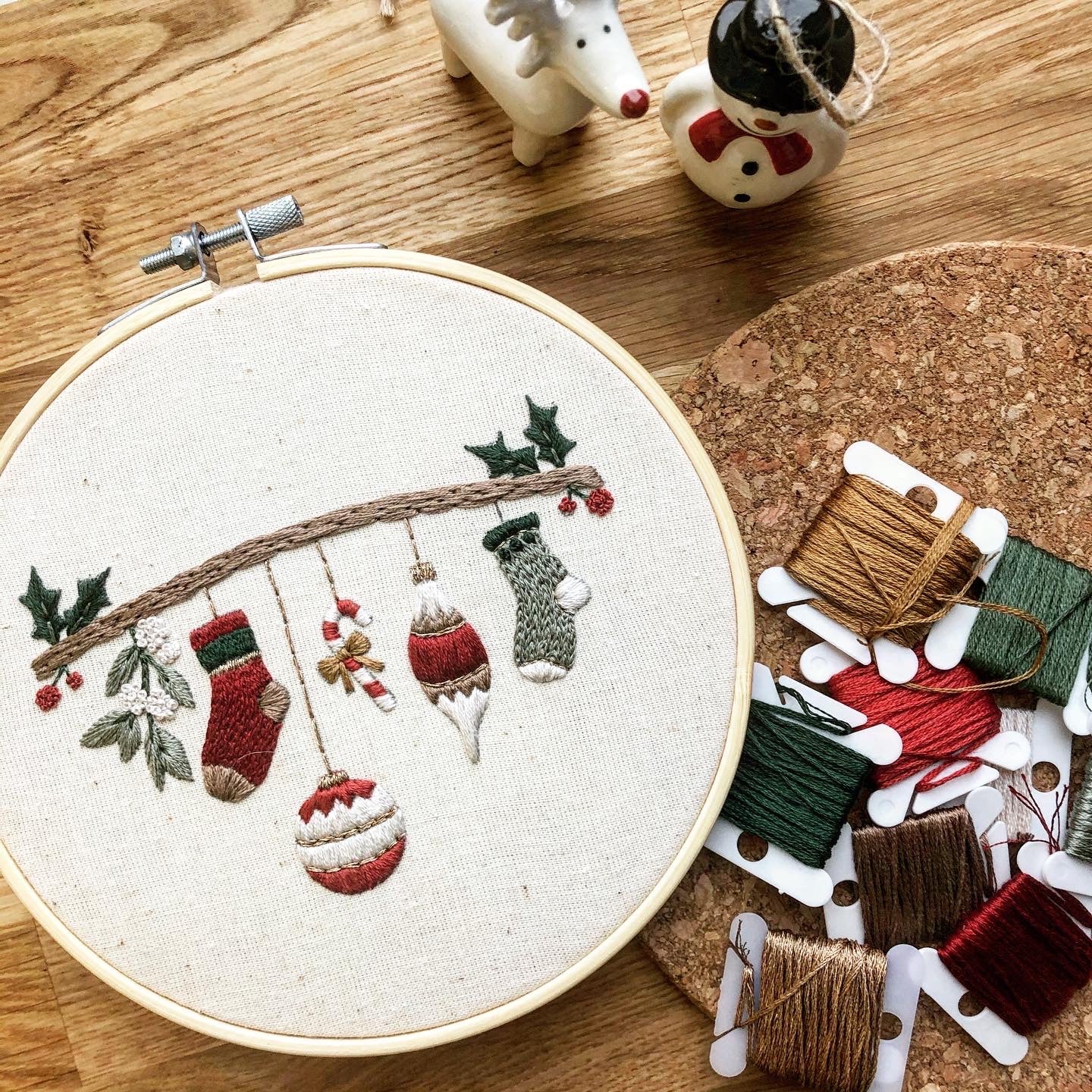 Deck The Halls Christmas Embroidery Pattern surrounded by thread