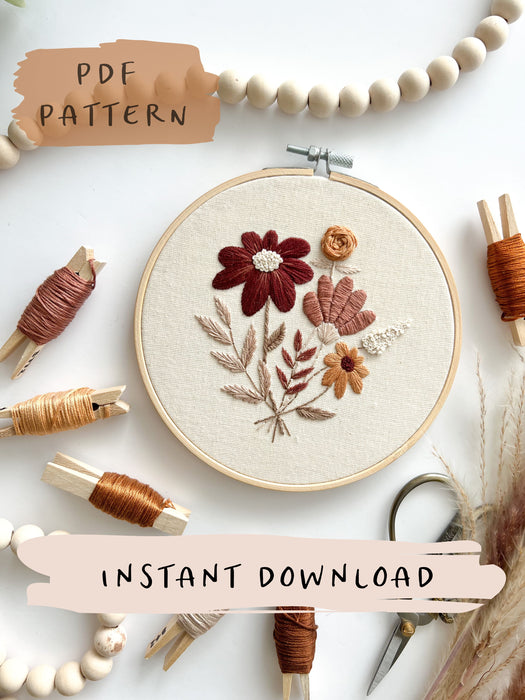 Burgundy Bouquet Embroidery Pattern with Instructions || Digital Download
