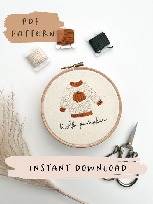 Hello Pumpkin Embroidery Pattern with Instructions || Digital Download