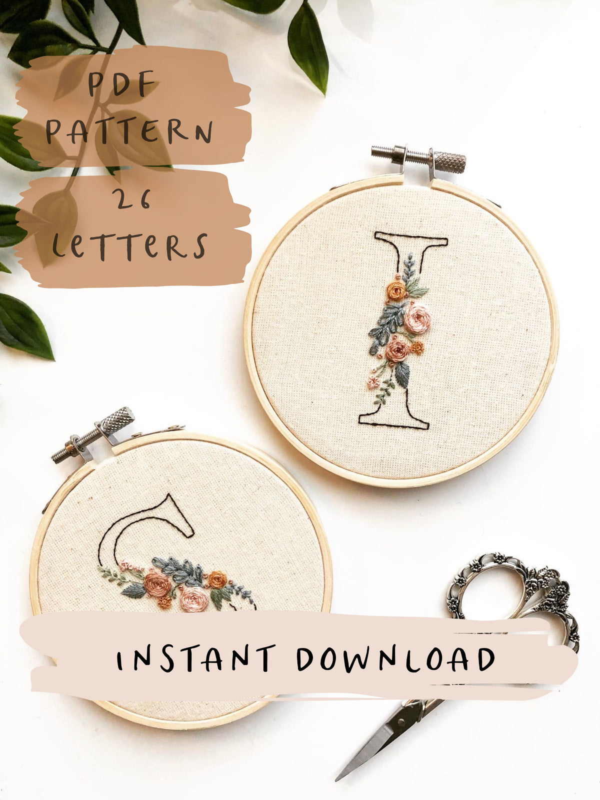 Bundle A-Z Letters in Floral Frame, hand embroidery PDF pattern &  instructions