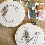 The letters 'C' and 'M' stitched using the initial embroidery kit