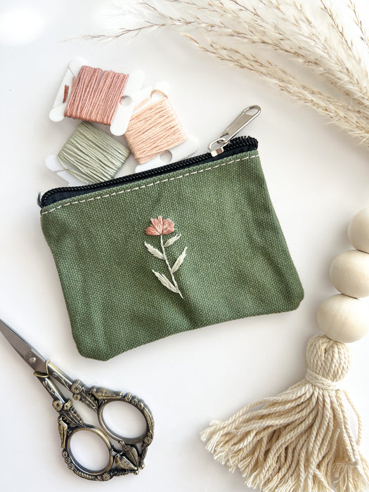 Floral Embroidered Olive Green Coin Pouch