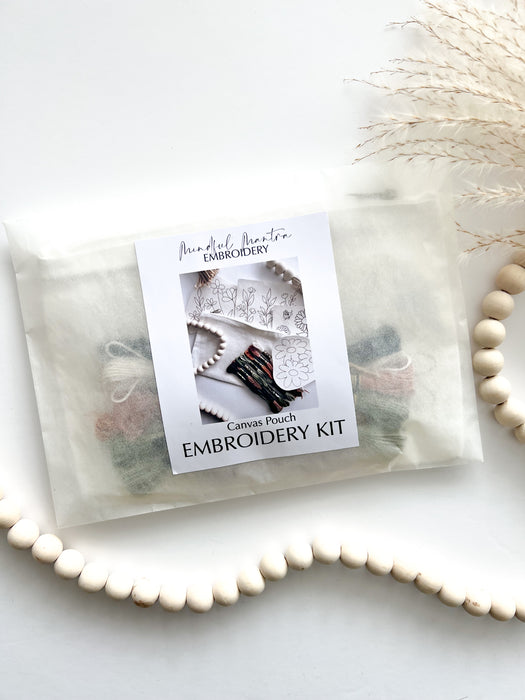 Canvas Pouch Embroidery Kit with 4 Stick and Stitch Designs