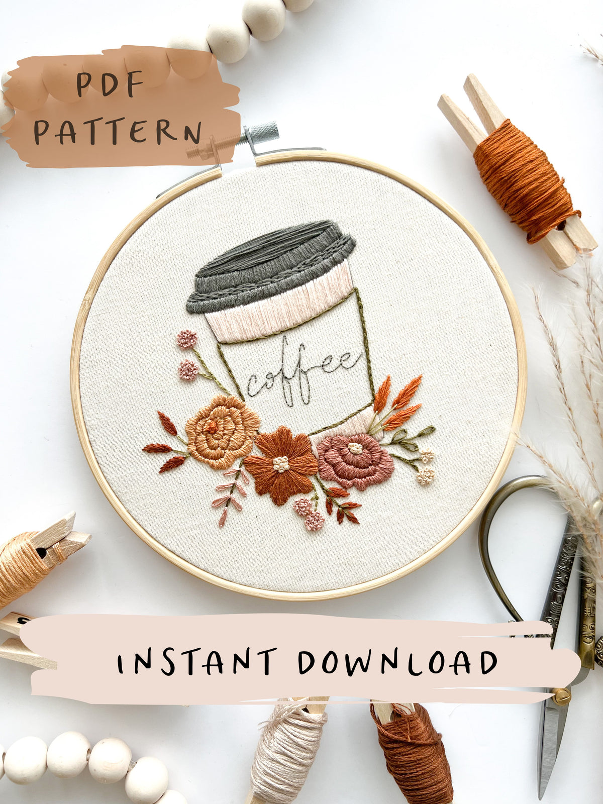 cross stitch pattern PDF Coffee and Plant Cart