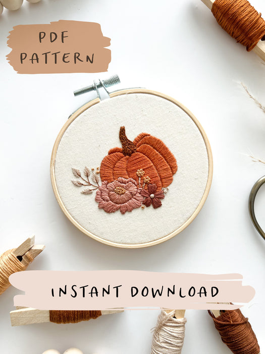 Pumpkin Floral Embroidery Pattern with Instructions || Digital Download