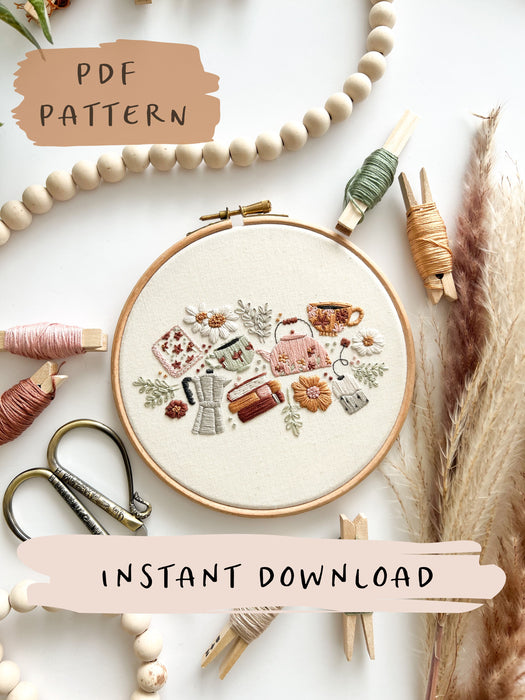 Tea, Coffee, Books and Flowers Embroidery Pattern with Instructions